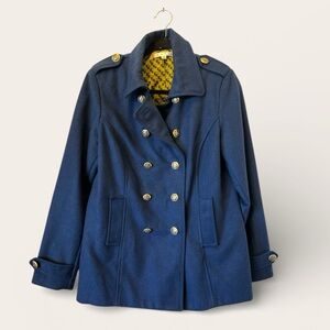 CAbi Navy Wool Blend Pea Coat with Brass Nautical Accents